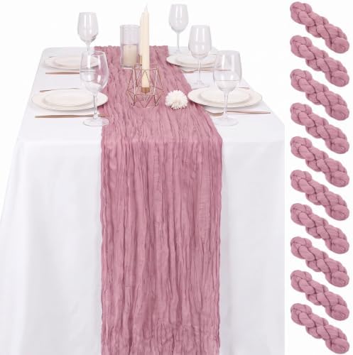 10 Pack Dusty Rose Cheesecloth Table Runner 17"x108" Boho Gauze Fabric Table Runner Vintage Rustic Sheer Runners for Wedding Party Bridal Baby Shower Table Decorations by Lamshionow
