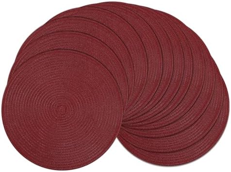 SHACOS Round Placemats Set of 12 for Dining Table 15 inch Round Braided Place Mats Cotton Polyester Washable Non Slip Kitchen Table Mats, Burgundy by SHACOS
