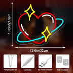 Heart Planet Neon Sign, 12.6" x 10.8" LED Love Heart & Star Ring Wall Light - Image 6