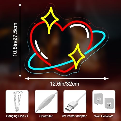Heart Planet Neon Sign, 12.6" x 10.8" LED Love Heart & Star Ring Wall Light - Image 6