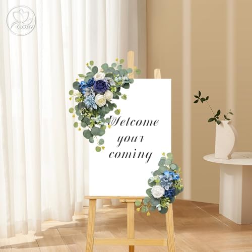 Odouzy Artificial Wedding Arch Flowers for Wedding Sign,Set of 2 for Welcome Ceremony Sign,Faux Floral Swags,Wedding, Banquet and Reception Backdrop Floral Decoration (Blue) - Image 5
