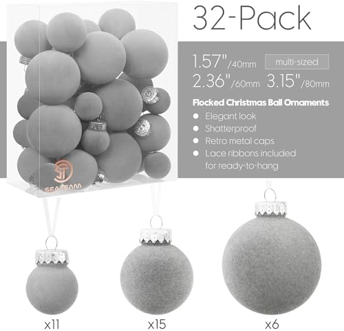 Sea Team 32-Pack Flocked Velvet Christmas Ball Ornaments, Gray - Image 3