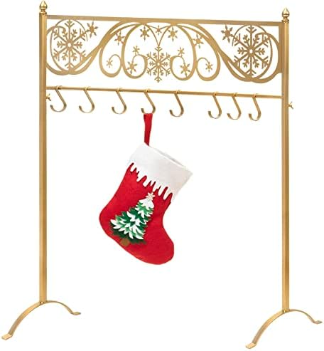 Red Co. 38” Snowflake Scroll Metal Freestanding Christmas Stocking Holder Stand with 8 Hooks, Gold by RedCo
