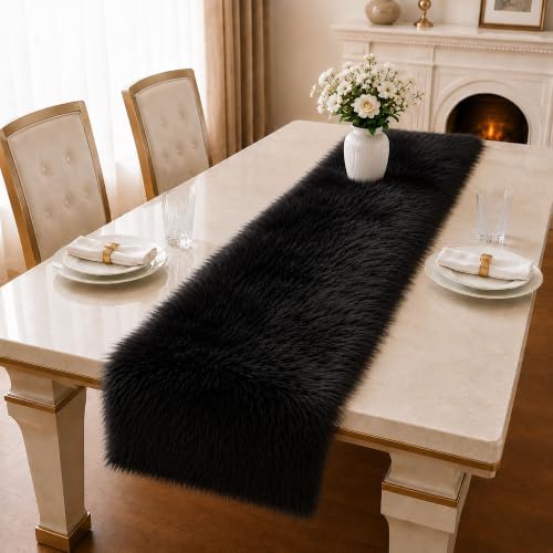Black Faux Fur Table Runner Christmas Table Decor 11.8 x 59.0 Inch - Image 7