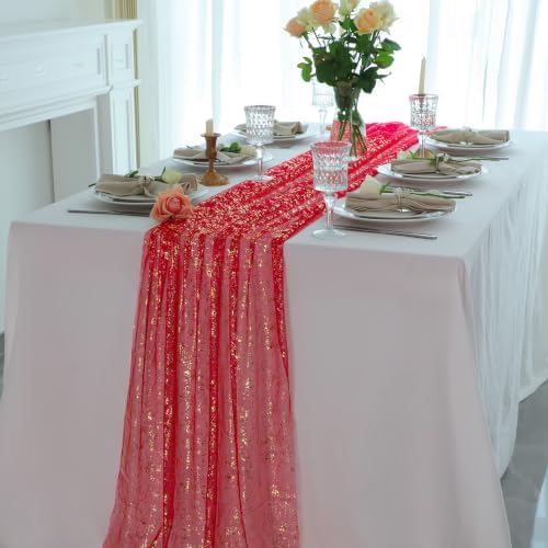 Snowkingdom 10Pcs 10Ft Red Gold Foil Gauze Sheer Table Runner - Image 5