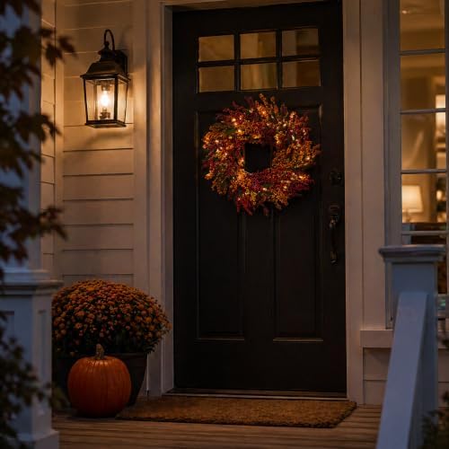 22 Inch Lighted Fall Berry Wreath with Timer Red and Orange Berries - Image 6