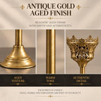 CROWSONG Tall Pillar Candle Holders Set of 2 – Baroque Crown Design | Antique Gold Iron, 14.2" & 11.8" | Victorian Mantel & Centerpiece Décor (Candles Not Included) - Image 4