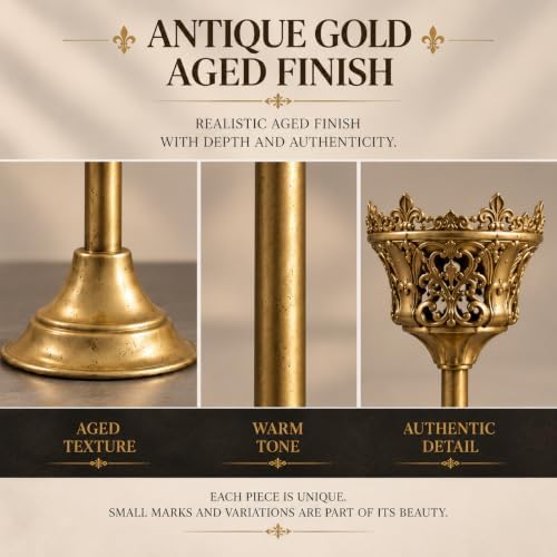 CROWSONG Tall Pillar Candle Holders Set of 2 – Baroque Crown Design | Antique Gold Iron, 14.2" & 11.8" | Victorian Mantel & Centerpiece Décor (Candles Not Included) - Image 4