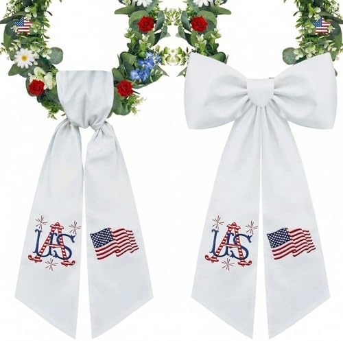 Moukeren 2 Pcs 4th of July Wreath Sash for Front Door Patriotic Embroidered Monogram Wreath Sash Red Blue White Flag Garland Belt Decor for Independence Day Memorial Day Yard Porch by Moukeren