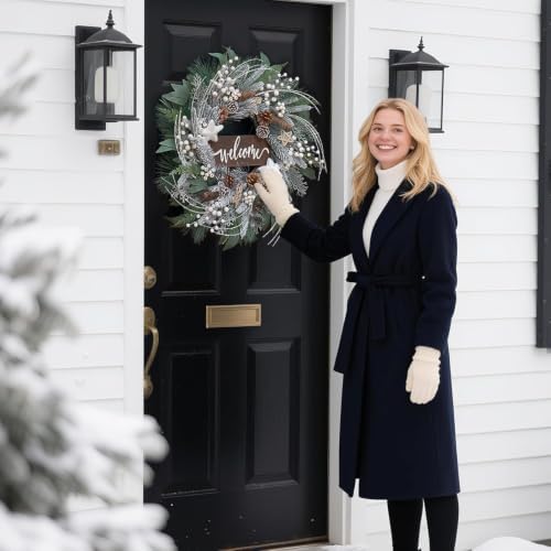 24 Inch Winter Wreaths for Front Door Outside- Pinkpuii Artificial Outdoor Christmas Wreath with Pinecones,White Berries and Welcome Sign,Xmas Holiday Winter Decorations for Home Farmhuse Door Decor - Image 5