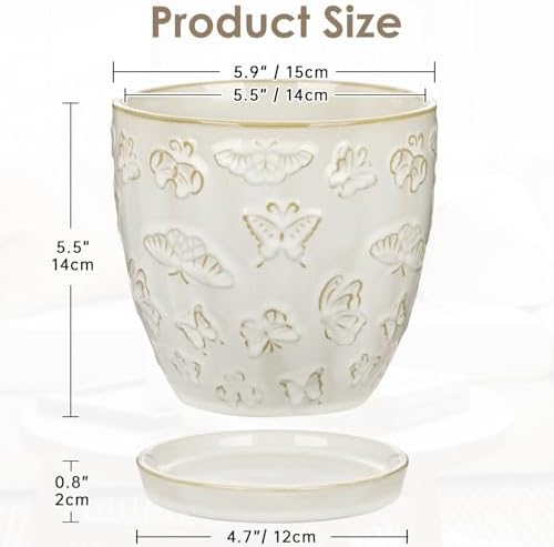 Hollyone 6 Inch White Ceramic Planter Flower Plant Pot with Drainage Hole and Saucer for Plants Embossed Indoor Outdoor Garden Embossed Ceramic Glazed Round Pot for Succulent Orchid Butterfly Pattern - Image 2