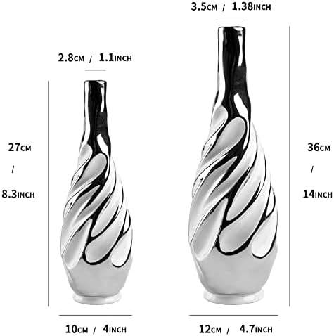 Yundu Ceramic Vase Set of 2, White with Silver, Modern Home Décor, Living Room, Dried Flowers, 14x6x6 inches - Image 5