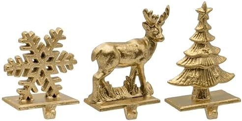 Red Co. Set of 3 Snowflake, Reindeer & Christmas Tree Decorative Cast Iron Stocking Holders in Old Gold Finish by RedCo