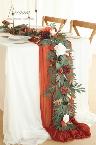Floroom 6ft Artificial Eucalyptus Garland with Flowers Fake Greenery Burnt Orange Faux Floral Vine Garland for Table Decor Wedding Centerpieces Bridal Shower Party Decorations, Terracotta - Image 2