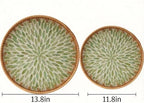 Boho Handwoven Rattan Tray with Mother of Pearl Inlay, 30 and 35cm Round Decorative Trays, Wooden Base Serving Tray for Vanity, Coffee Table & Wall Hanging Decor (2 Suites, Pattern: Greenleaf) - Image 2