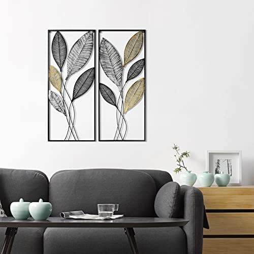 Metal Wall Decor Set of 2, Leaf Art Wall Hanging Home Decor with Frame, Tree of Life Accent Home Decor, Metal Wall Decoration Sculptures for Living Room, Office, Home, Hotel, Indoor, 14" W x 35" H - Image 7