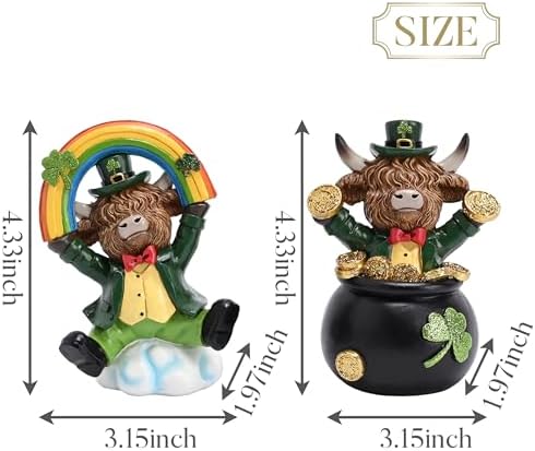 Valery Madelyn St Patricks Day Decorations for Home, 2Pcs Highland Cow Decor with Shamrock Pot of Gold, Irish Resin Leprechaun Figurines St Patricks Day Tiered Tray Decoration Table Centerpiece, 4.5" - Image 3