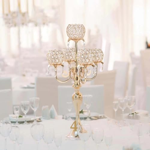 5 Arm Gold Candle Holder 22.5 Inch Tall Crystal with Pendant, Romantic Home Decor Elegant Candlestick Holder for Dates Wedding Receptions Holiday Party Important Events - Image 3