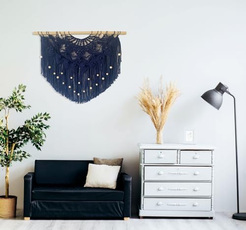 Youngeast Large Macrame Wall Hanging Boho Beaded Curtain for Window Macrame Bedroom Headboard Living Room Wall Art Tassel Tapestry Bohemian Woven Wall Decor 31" W X 25" H (Navy) - Image 4