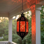 Vela Lanterns Hanging Moroccan Lantern with LED Twinkle Fairy Lights - Exotic Decorative Patio & Porch Decor, Indoor Outdoor Candle Lamp Holder with Chain (13" Large, Amber Glass) - Image 5