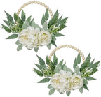 Spring Wreaths for Front Door 10" Artificial Floral Wood Bead Wreaths Eucalyptus Leaves Rose Hydrangea Wreath for Front Door Boho Farmhouse Wall Decor 2 Pack - White by DILATATA