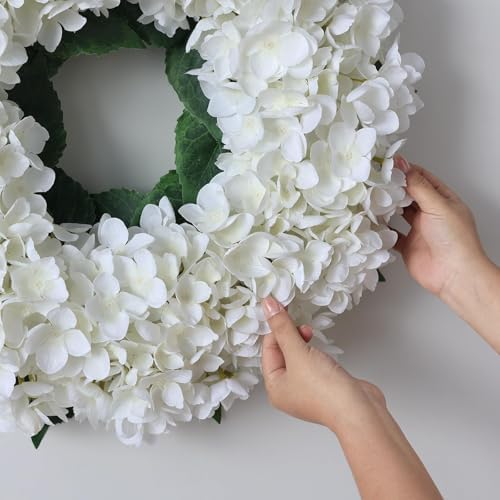 21" Artificial Hydrangea Flower Wreath for Front Door Decor (White) - Image 4