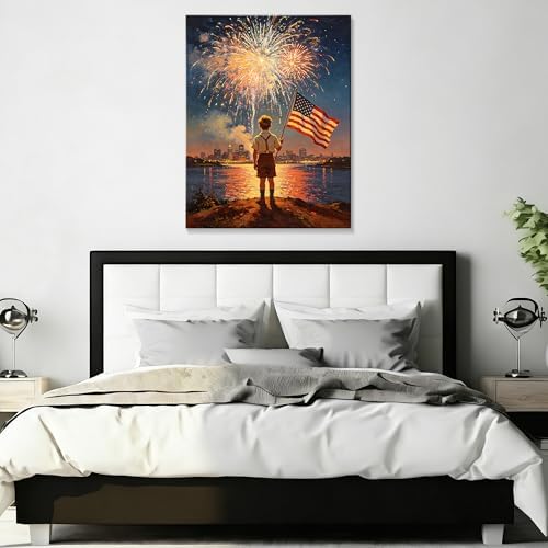 July 4th Patriotic Canvas Wall Art 4th of July USA Decorations Boy Holding American Flag and Dark Night Fireworks Picture Wall Decor Independence Day Home Decor 24x32in - Image 5