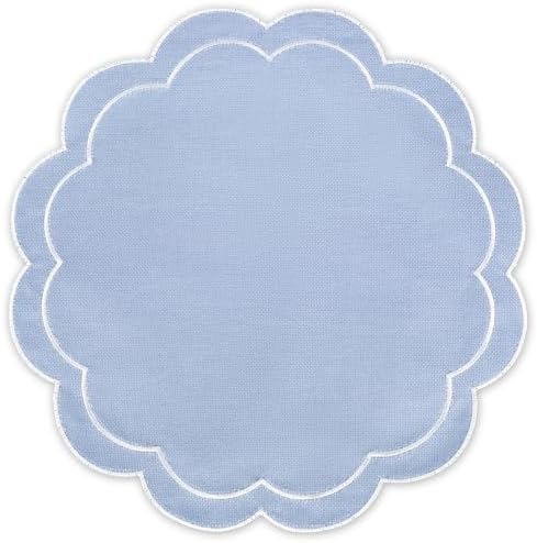 Whaline Dusty Blue Linen Placemats Embroidered Round Scalloped Kitchen Table Mats for Spring Easter Party Home Dining Table Decor, Set of 6, 15 x 15 in by Whaline