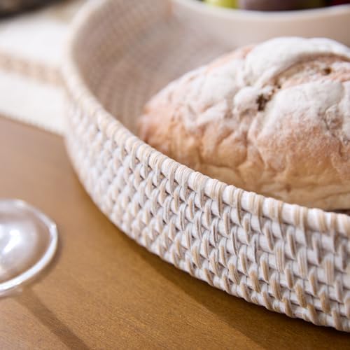 16.9 inch Round Rattan Tray, Woven Large Serving Tray with Handles, Wicker Serving Basket, Coffee Table Decor for Living Room, Whitewash - Image 3