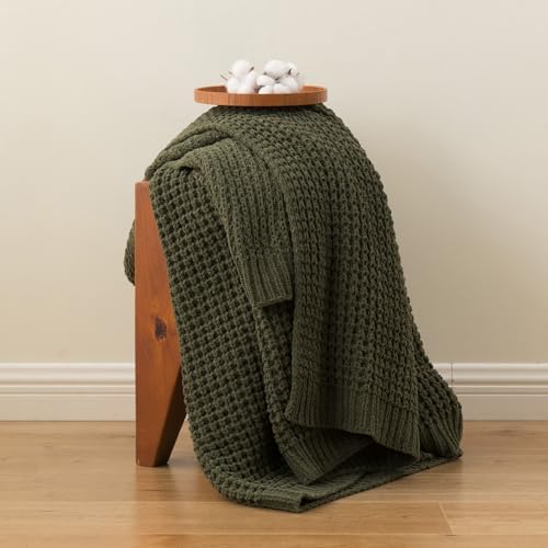 Olive Green Throw Blanket for Couch, Waffle Knit Blanket Throw 60"x80" - Image 5