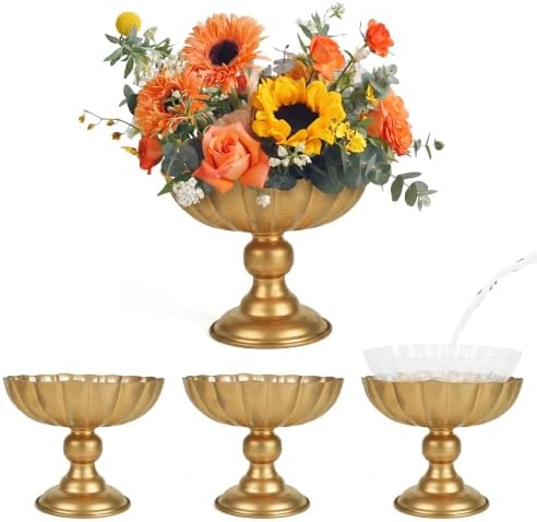 Gold Vases for Centerpieces Tables, Tall Metal Flower Urn Pedestal Vase Compote Bowl with Plastic Liners, Vintage Floral Arrangement Pots for Wedding Table Decor (Medium: 7.87''×7.87''×5.4'') by Zyphluxhomedecor