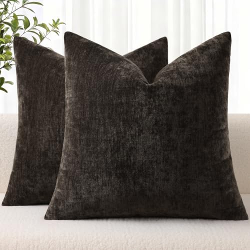 decorUhome Fall Chenille Dark Brown Throw Pillow Covers 26x26 Inch Set of 2, Decorative Soft Couch Pillow Covers Solid Dyed Accent Euro Sham Farmhouse Neutral Square Pillow Cases for Sofa by decorUhome
