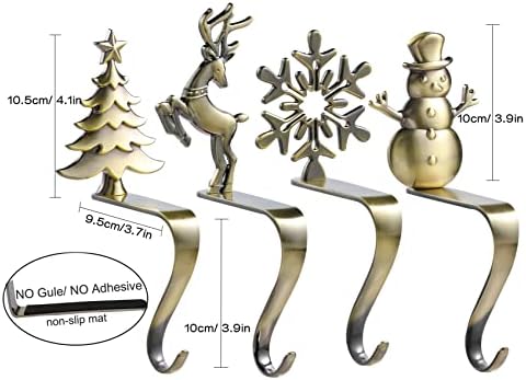 Christmas Stocking Holder - Set of 4 Stocking Hangers Snowman Santa Snowflakes Christmas Tree Deer Stocking Hooks for Fireplace, Shelf, Staircases - Image 2