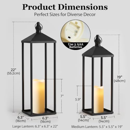 2-Pack Black Metal Candle Lanterns – 22" & 19" Tall Decorative Lanterns - Image 2