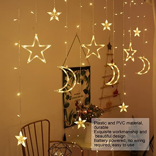 126 LED Star Lights, Battery Powered Twinkle Star Moon Fairy Lights, Curtain String Lights for Ramadan Window Wedding Garden Christmas Decoration, with 2 Lighting Modes - Image 4