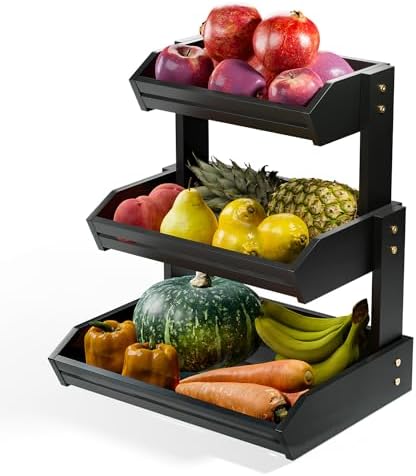 HOLANA Acacia 3 Tier Fruit Basket, Easy Assembly, Versatile Use (Black) by HOLANA