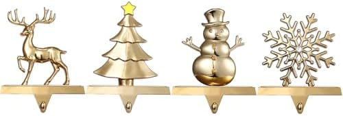 Set of 4 Antique Gold Christmas Stocking Holders for Mantel, Christmas Stocking Hanger Set-Snowflake Snowman Reindeer Tree Stocking Holder for Mantle- Metal Fireplace Hooks for Xmas Decor - Image 4