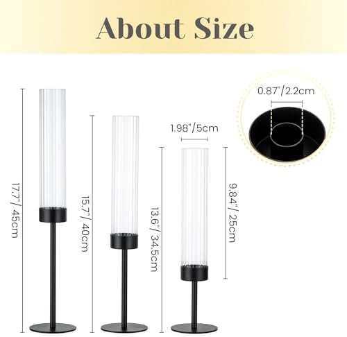 Hewory Black Taper Candle Holders: Candlestick Holders Set of 3 Hurricane Glass Tall Candle Holder for Candlesticks Candle Sticks Holder Decor for Table Centerpiece Wedding Party Christmas Decorations - Image 6