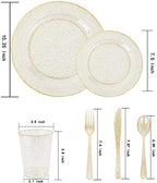 WELLIFE 175 Pieces Gold Glitter Plastic Plates with Silverware and Cups, Includes: 50 Plates, 50 Forks, 25 Knives,25 Spoons and 25 Cups for Party - Image 2