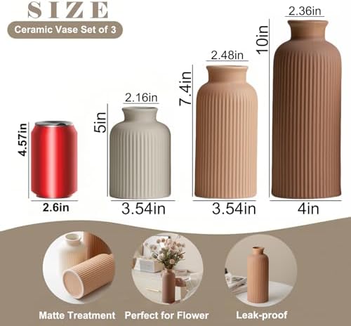 Large Modern Ceramic Vase Set, Coffee Ribbed Matte Design, 3-Piece Decorative Vases for Home, Living Room, Office (XL Coffee Mix) - Image 7