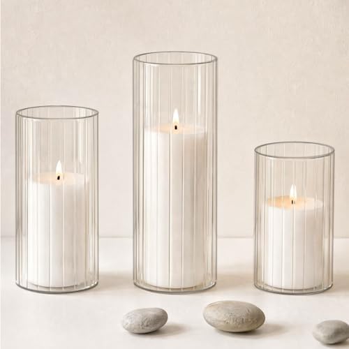 12 Pack White Pillar Candles with Ribbed Glass Cylinder Vases by Unknown