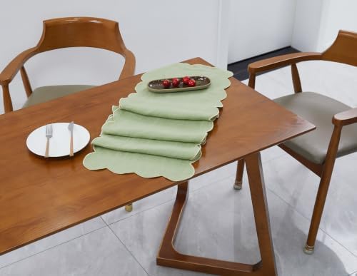 100% Natural Linen Rustic Scalloped Embroidery Table Runner 72 Inches Long, Linen Table Runner 14 x 72 Inch for Dresser and Dining Tables Decor, 4-6 Sets, 14''x72'', Sage Green(Edges-Gold) - Image 5