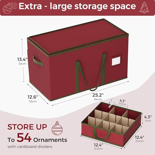 Large Christmas Ornament Storage Box, Dual Zippers, Stackable Christmas Storage Container with Lid, 6 Trays, 600D Oxford, Fits 54-4”, Red - Image 3