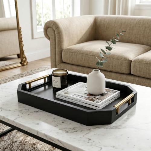 Decorative Wood Serving Tray with Polished Gold Handles, Octagon MDF Tray, Glossy Finish, 16x12 Inch, for Coffee Table, Ottoman (Black) - Image 2