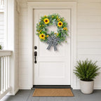 22" Sunflower Wreaths for Front Door, Rustic Summer Spring Front Door Wreath with Eucalyptus and Buffalo Plaid Bow for Indoor Outdoor Wall Window, Farmhouse Floral Wreath Decor for Porch - Image 2