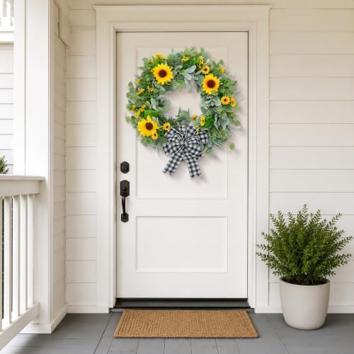 22" Sunflower Wreaths for Front Door, Rustic Summer Spring Front Door Wreath with Eucalyptus and Buffalo Plaid Bow for Indoor Outdoor Wall Window, Farmhouse Floral Wreath Decor for Porch - Image 2