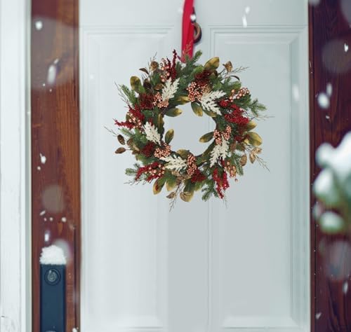 20" Gold Red Berries Christmas Wreaths for Front Door, Metallic Finish Eucalyptus Leaves Winter Xmas Wreath Outdoor Holiday Decoration, Door Wreath Decor for Farmhouse Front Porch Wall Window - Image 3