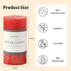 3x6 Inch Bright Red Pillar Candles Set of 3 - Hand-Poured Unscented Candles, Long Clean Burning, Large Big Candle, Smokeless Dripless Candle for Dinner Table, Wedding, Home, Rustic Decor - Image 6