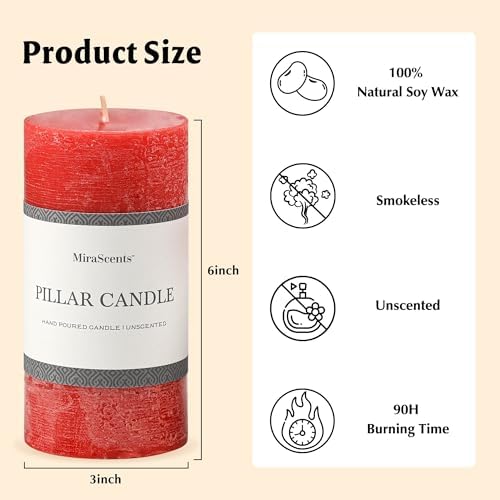 3x6 Inch Bright Red Pillar Candles Set of 3 - Hand-Poured Unscented Candles, Long Clean Burning, Large Big Candle, Smokeless Dripless Candle for Dinner Table, Wedding, Home, Rustic Decor - Image 6