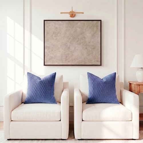 DEZENE 24x24 Blue Throw Pillow Covers: Pack of 2 Vertical Ripple Striped Velvet Square Decorative Pillow Cases for Farmhouse Couch Sofa Bed Living Room Home Decor - Image 5